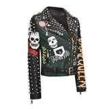 Graffiti PU Leather Jacket Heavy Industry Graffiti Printing Punk Motorcycle Contrast Color Slim Fit Pu Coat for Women