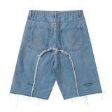 Men Jean Shorts Frayed Hem Design Denim Shorts Men's Decorative Rivets Casual Straight-Leg Middle Pants