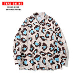 Mens Fall Outfits Loose Cartoon Leopard-Print Long-Sleeved Shirt Casual Top