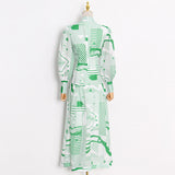 Green Fairycore Dress Pastoral Style Green Dress Autumn Small Stand Collar Single-Breasted Printing and Dyeing High Waist Big Swing Dress