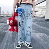 Anime Print Jeans Denim Pants Cartoon Printed Jeans Women Loose Straight Men