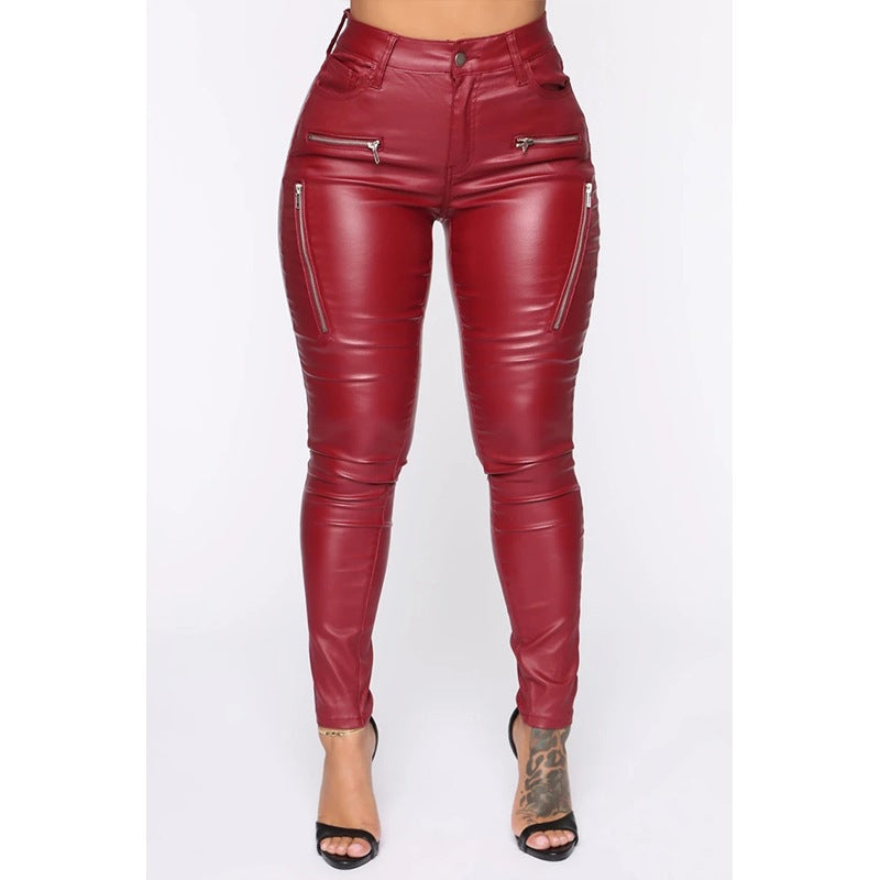 Black Leather Pants Tight Casual Belt Pocket Skinny Pants Women's Zipper Mid Waist Leather Pants