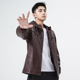 80's Leather Jacket Men's Autumn Coat Young Men's Fleece-Lined Fall Winter Hooded Leather Jacket