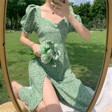 Green Fairycore Dress French Square Collar Floral Dress Summer Split Puff Sleeve Dress