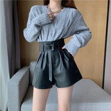 Leather Shorts Autumn and Winter High Waist Bud-Shaped Pants Fashion Slimming A- line Wide Leg Boot Pant