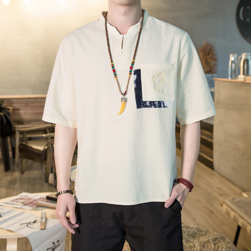 Men's T-shirt Casual plus Size Top Summer Short Sleeve T-shirt Men's Loose Large Size Retro Pocket Embroidery Half Sleeve