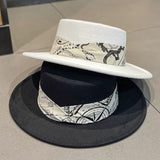 Cam Newton Hats British Woolen Flat Top Hat Women's Autumn and Winter Pattern Ribbon Retro Fedora Hat