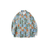 Mens Fall Outfits Vintage Long Sleeve Printed Shirt Loose Baggy Couple Shirt