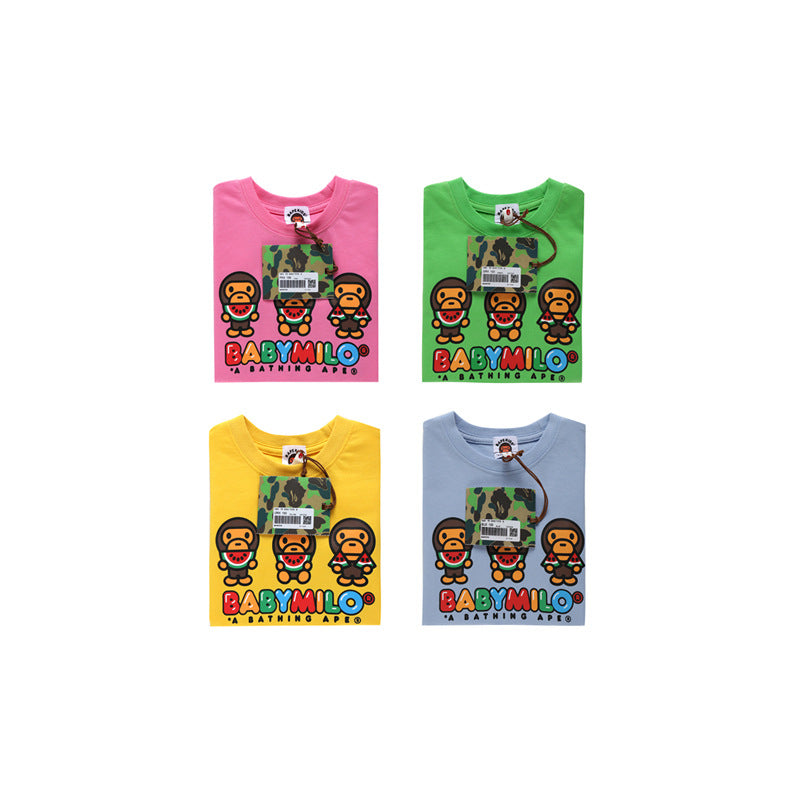 A Ape Print Baby Milo for Kids T Shirt Baby Milo Watermelon Little Monkey T-shirt Casual round Neck Cartoon Cotton Kids Short Sleeve