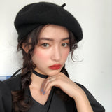 Beret Hat Black Vintage Wool Women's Autumn Winter Japanese Winter Warm Woolen Hat