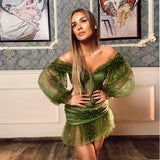 Green Fairycore Dress Sexy off-the-Shoulder Skirt Mesh Beads Long Sleeve Dress