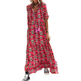 Red Peasant Dress V-neck Loose Casual Skull Mid-Sleeve Long Autumn Women's Dress