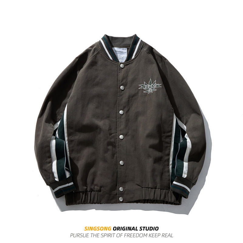 Varsity Jacket for Men Baseball Jackets Men's Spring Retro Street Trendy Patchwork Contrast Color Loose Lapel Baseball Hemp Leaf Embroidered Jacket
