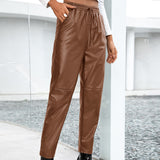 Black Leather Pants Casual Loose Motorcycle PU Leather Trousers Elastic Leather Pants Women