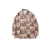 Mens Fall Outfits Loose Cartoon Leopard-Print Long-Sleeved Shirt Casual Top