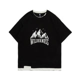 Men T Shirt Summer Casual Tops Men's Clothes Summer Wear Retro Men's round Neck Short Sleeve Casual Snow Mountain Fake Two-Piece T-shirt Fashion