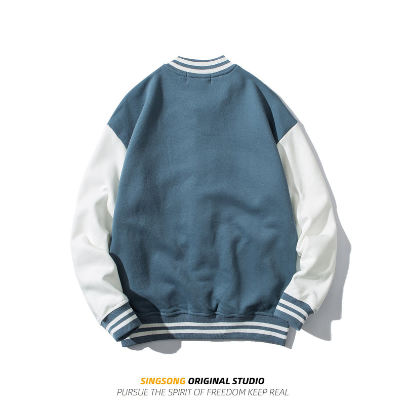 Varsity Jacket for Men Baseball Jackets Men Spring and Autumn All-Match Stitching Contrast Color Stand-up Collar Baseball Uniform Knitted Loose Sports Jacket