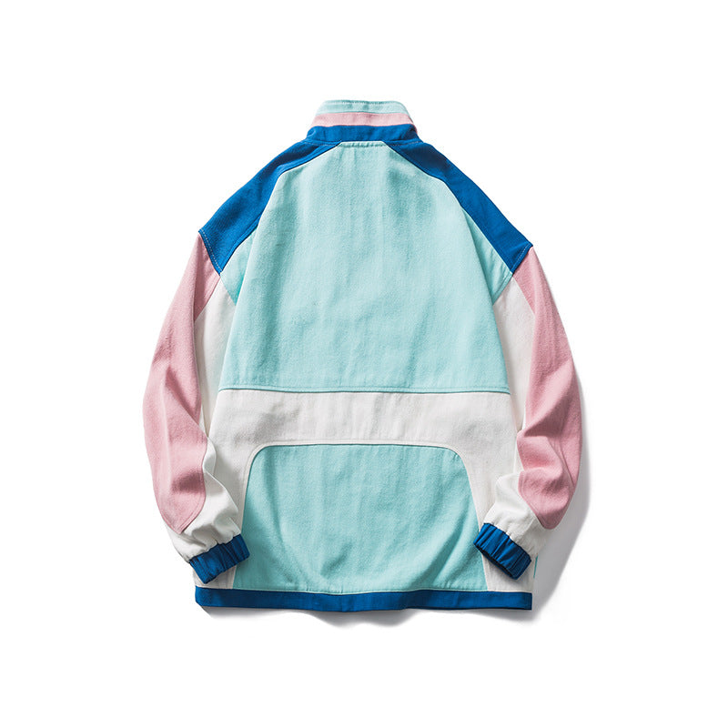 Men's Spring plus Size Retro Sports Color Matching Stand-up Collar Jacket Men's Loose All-Matching Top Men Jacket