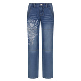 Low Rise Jeans Autumn Casual Loose Trousers Low Waist Pleated Heart Printing Jeans