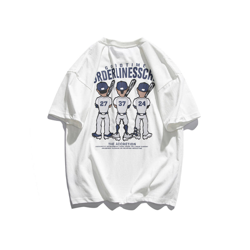 Varsity Jacket for Men Baseball Jackets Short-Sleeved T-shirt Men's Casual Cartoon Baseball Boy Letter Print Loose Sports round Neck