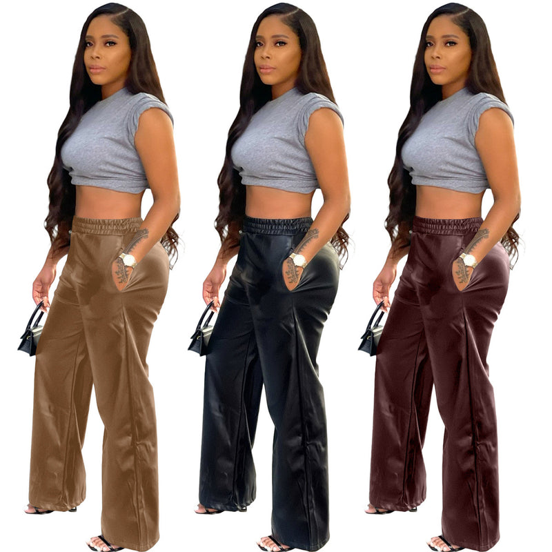 Faux Leather Pants Solid Color Waist Tight Loose Wide Leg Double Pocket PU Leather Pants Women