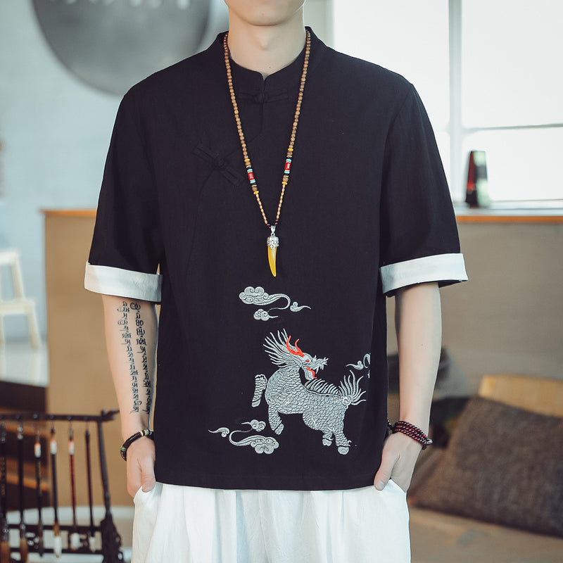 Men's T-shirt Casual plus Size Top Summer Men's Linen T-shirt plus Size Casual Short Sleeve