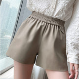 Leather Shorts Elastic Waist Pu Women's Autumn and Winter A- line Loose Wide Leg Pants Outer Wear Casual Boot Pants