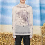 Rave Outfits Men Long Sleeve Shirt Spring New Men's Casual Hip Hop Print See-through Sexy