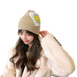 Women Beanies Smiling Face Big Patch Hat Beanie Hat Skullcap Female Autumn and Winter Thermal Knitting Woolen Cap