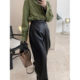 Faux Leather Pants Winter Vintage PU Leather Pants Fashionable High Waist Wide-Leg Straight Trousers Loose Trousers