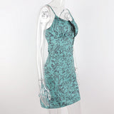 Green Fairycore Dress Summer Vintage Printed Low-Cut Lace Strap Dress