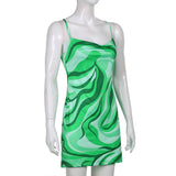 Green Fairycore Dress Abstract Seaweed Printed V-neck Small Sling Dress for Women