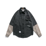 Men Shacket Long Sleeve Autumn Shirt Autumn Denim Shirt Stitching Stripe Long Sleeves Embroidered Pocket Shirt for Men
