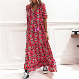 Red Peasant Dress V-neck Loose Casual Skull Mid-Sleeve Long Autumn Women's Dress