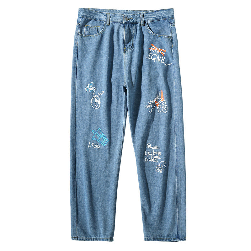 Fisherman Jean for Men Men's Graffiti Style Printed Jeans Men Loose Straight Pants