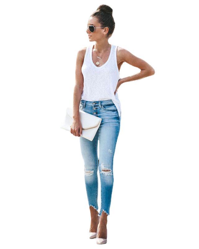 100 Cotton Jeans Women Stretch Denim with Hole Hip Lifting Pants