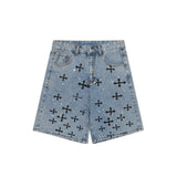 Men Jean Shorts Printed Splash-Ink Washed Denim Shorts Men's High Street Fashion Brand Loose Straight Shorts