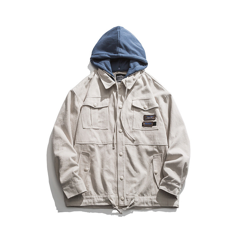 Men's Spring plus Size Retro Sports Casual Multi-Pocket Workwear Hooded Jacket Loose Jacket Men's Coat