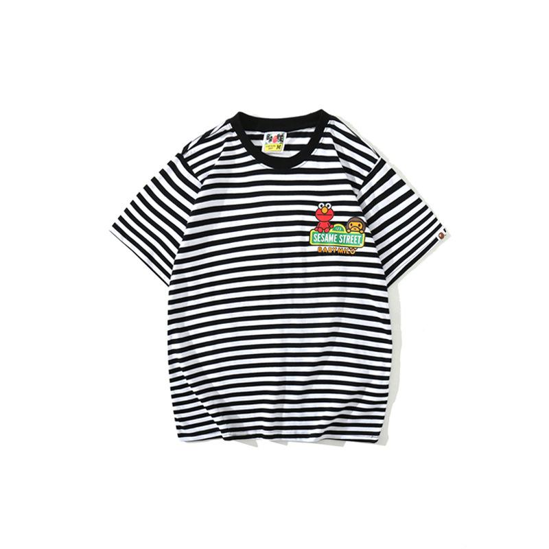 A Ape Print T Shirt Cartoon Round Neck Summer Printed Large Size Short Sleeve Casual Striped T-shirt