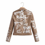 Graffiti PU Leather Jacket Autumn and Winter Letter Printed PU Leather Coat Waist Trimming Coat