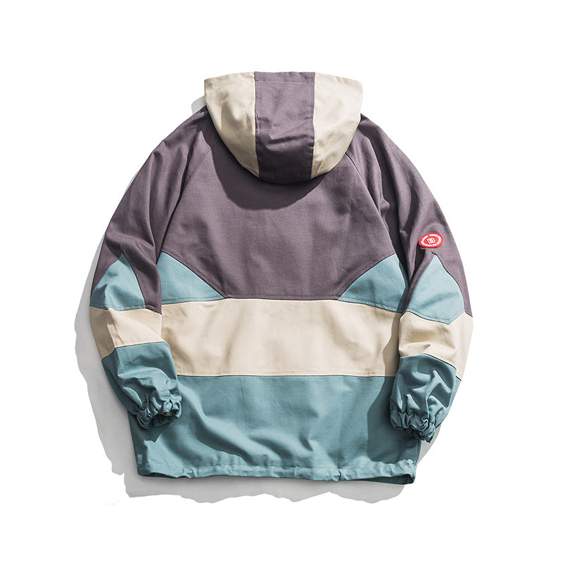 Men's Spring Large Size Sports Retro Trendy Street Shot Stitching Contrast Color Hooded Trench Coat Men's Jacket Trendy Men Jacket