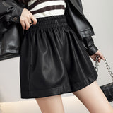 Leather Shorts Autumn Motorcycle PU Leather Short Female Wide-Leg Bootcut Shorts