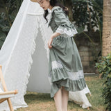 Green Fairycore Dress Doll Collar Mesh Slimming Patchwork Dress