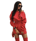 Red Peasant Dress Autumn Women's Sexy round Neck Long-Sleeved Sweater Loose Dress for Women