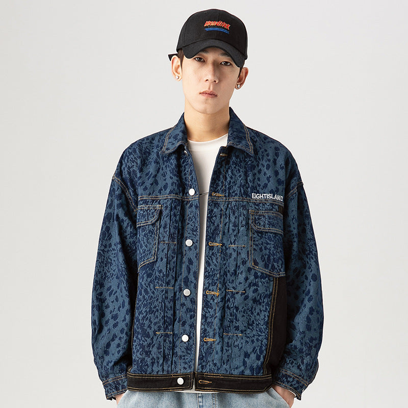 Men's Spring Large Size Sports Retro Leopard Print Denim Jacket Men's Neutral Fashion Brand Jacket Men Coat