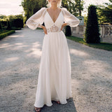 Bohemian Chic Wedding Dress European and American Solid Color Slim V-neck Formal Dress