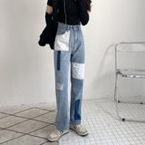 Harajuku Clothing Men Classic Retro Pants Straight Leg Pant Stitching High Waist Loose Men and Women Denim Straight-Leg Trousers