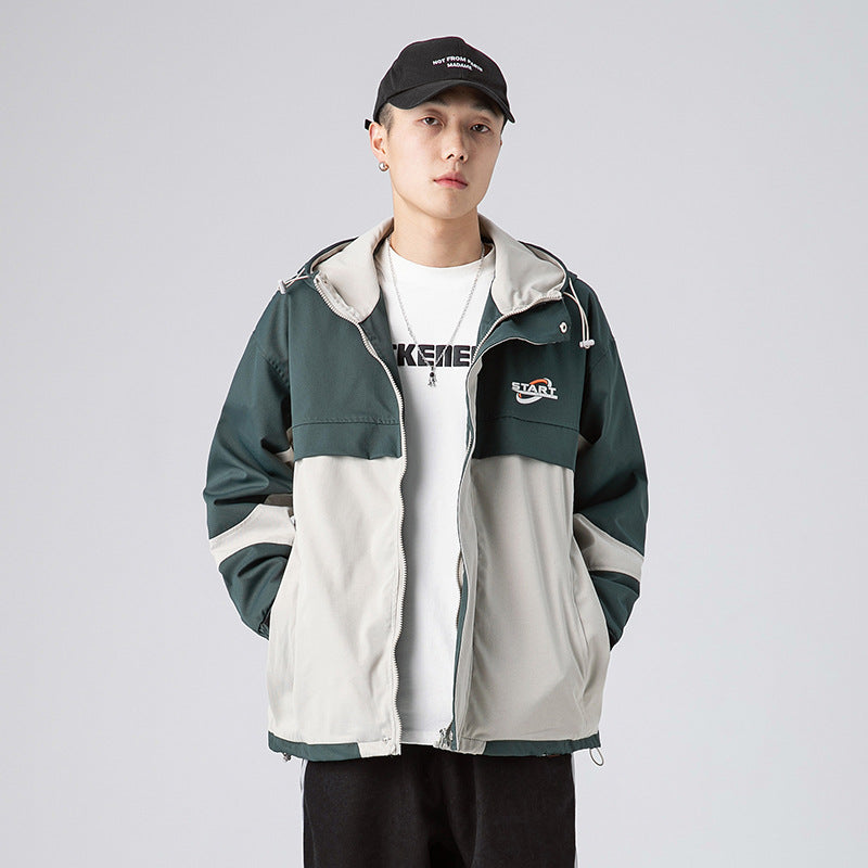 Men's Hooded Jacket Men's Large Size Sports Retro Spring Couple Color Matching Oversize Jacket Men's Loose Fashion Brand Top Men Jacket