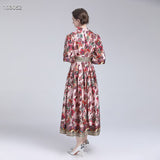 Russian Style Dress Autumn Vintage Court Style Large Swing Stand-up Collar Puff Sleeve Printed Long Dress