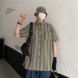 Harajuku Clothing Men's Casual Shirts Summer Vintage Stripe Short Sleeve Loose Shirt Men's and Women's Casual Cardigan Top